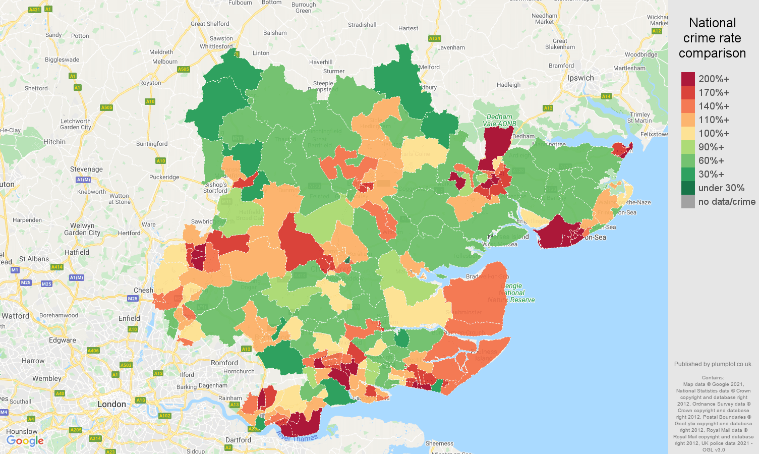 Essex violent crime rate comparison map