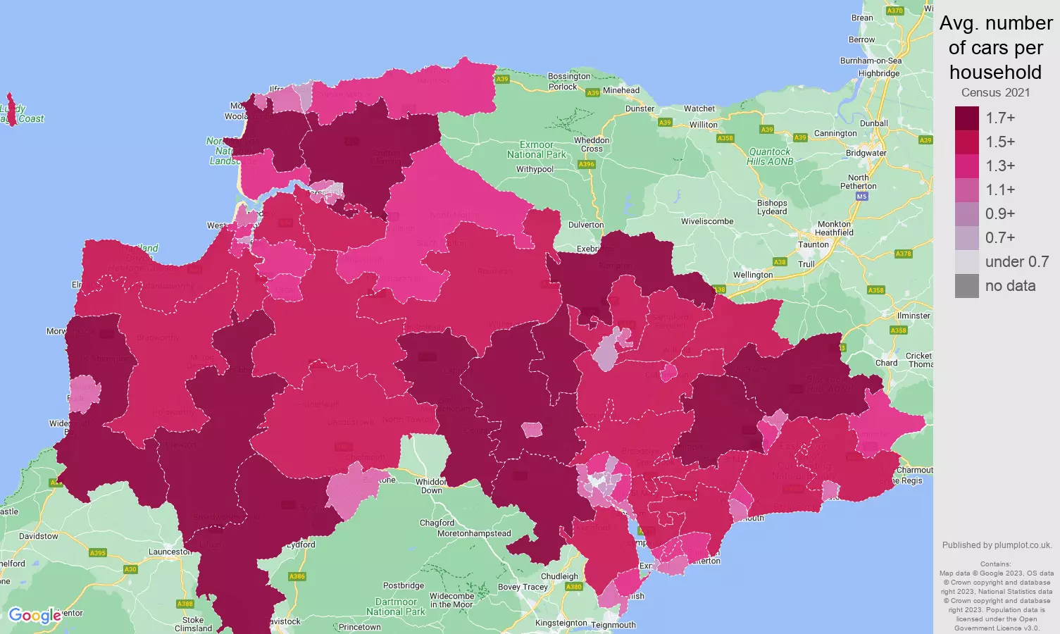 Exeter cars per household map