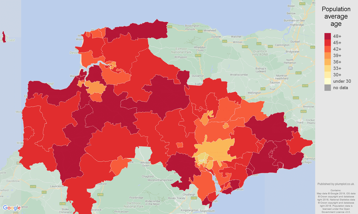 Exeter population average age map