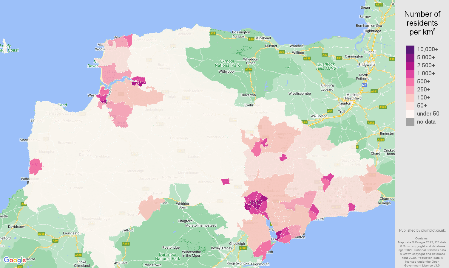 Exeter population density map