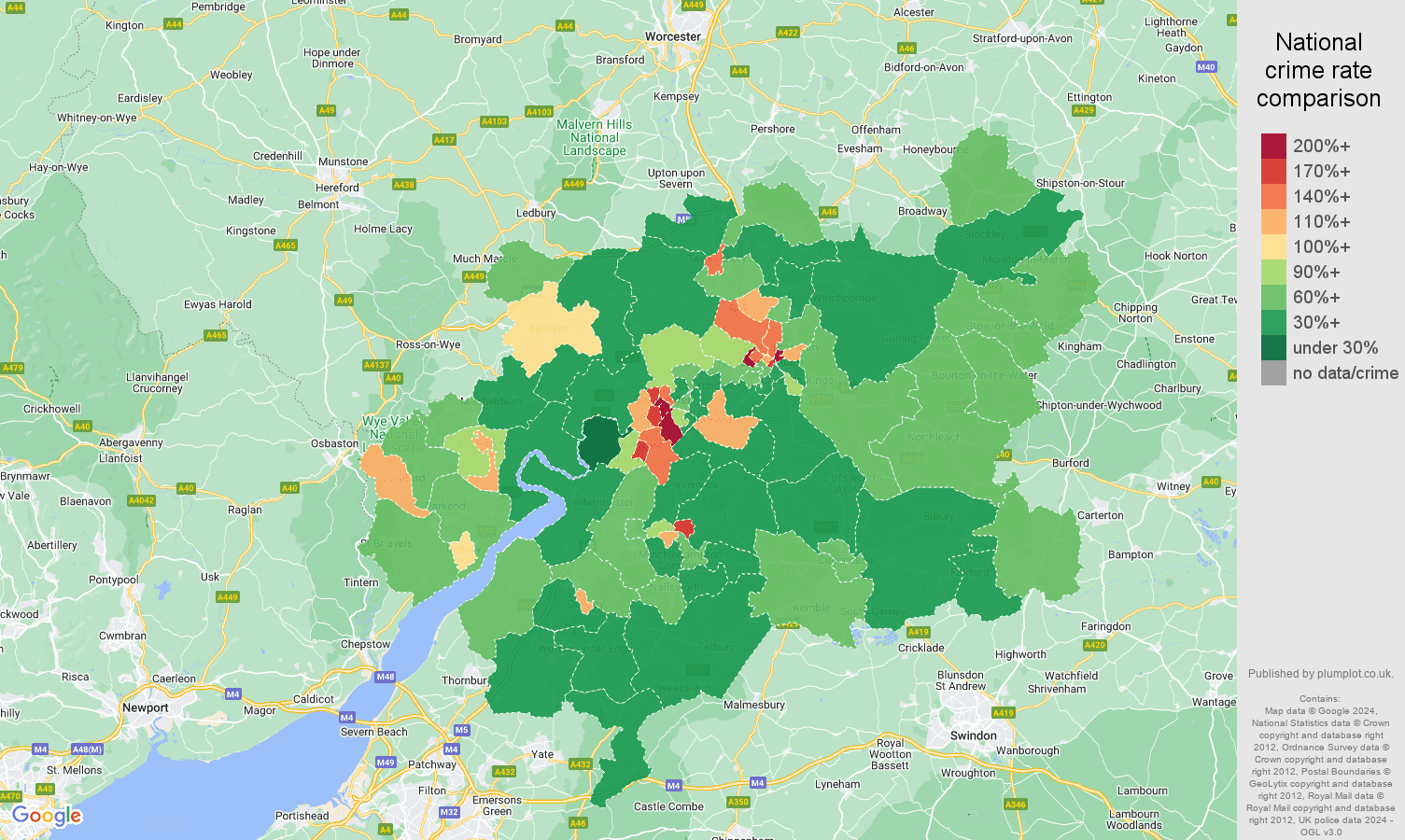 Gloucester crime rate comparison map