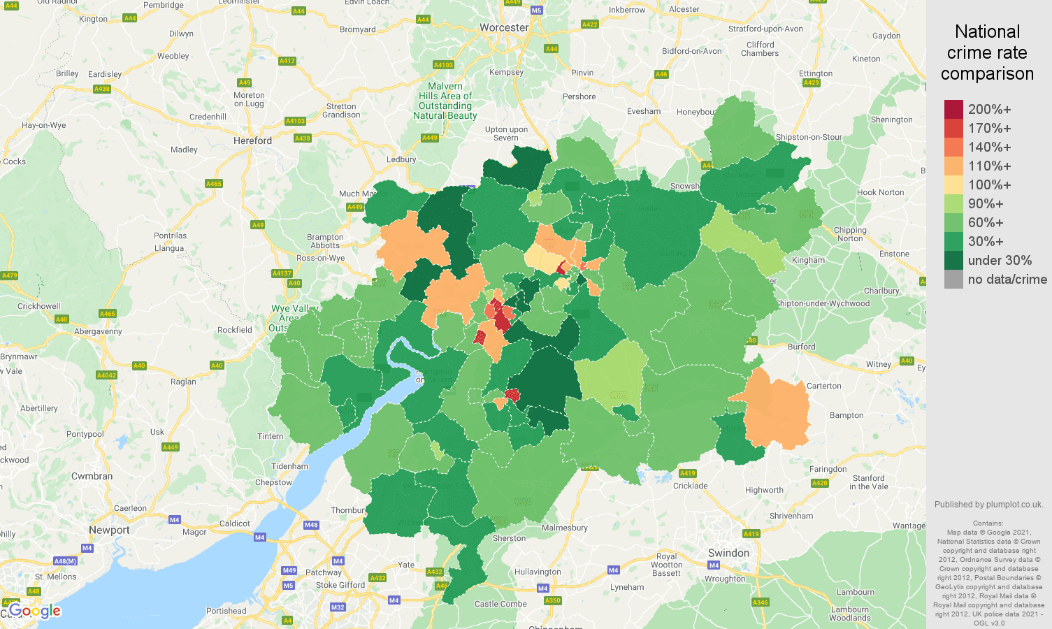 Gloucester criminal damage and arson crime rate comparison map