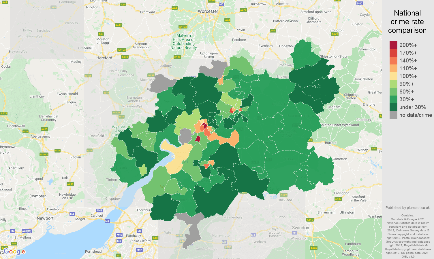 Gloucester drugs crime rate comparison map