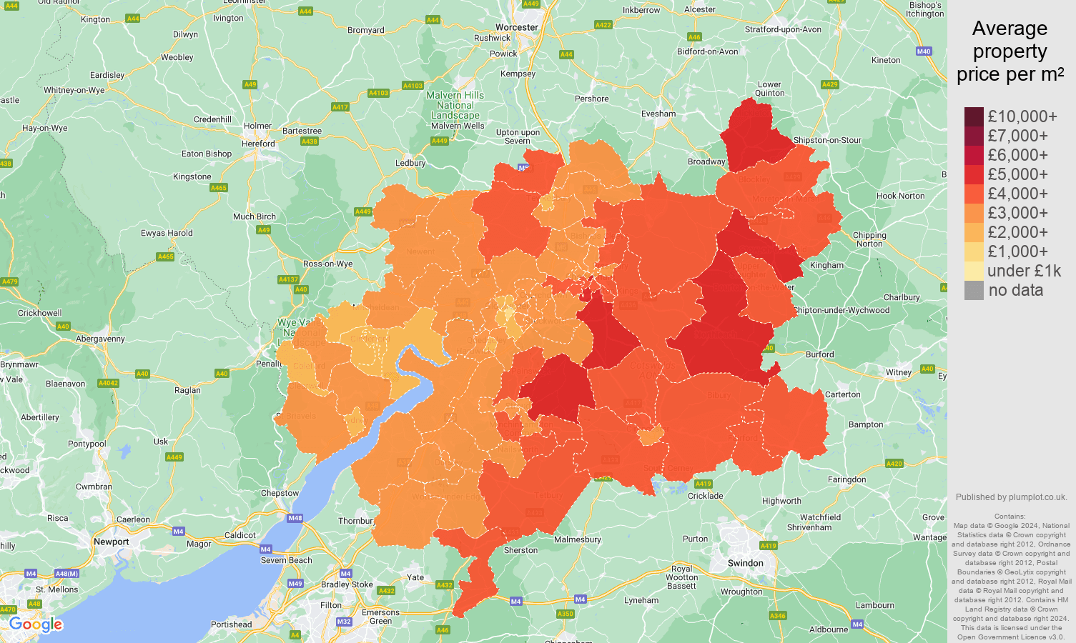 Gloucester house prices per square metre map