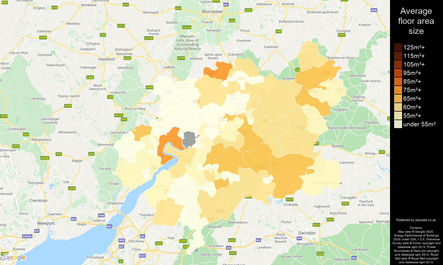 Gloucester map of average floor area size of flats