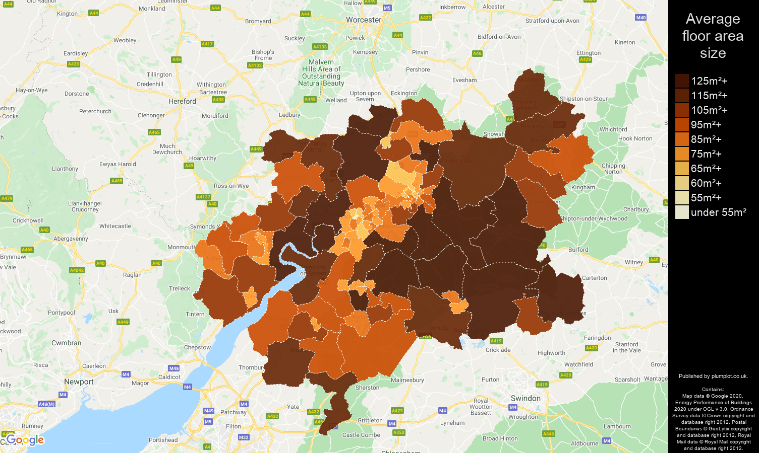 Gloucester map of average floor area size of properties