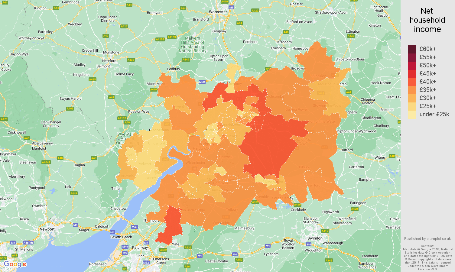 Gloucester net household income map
