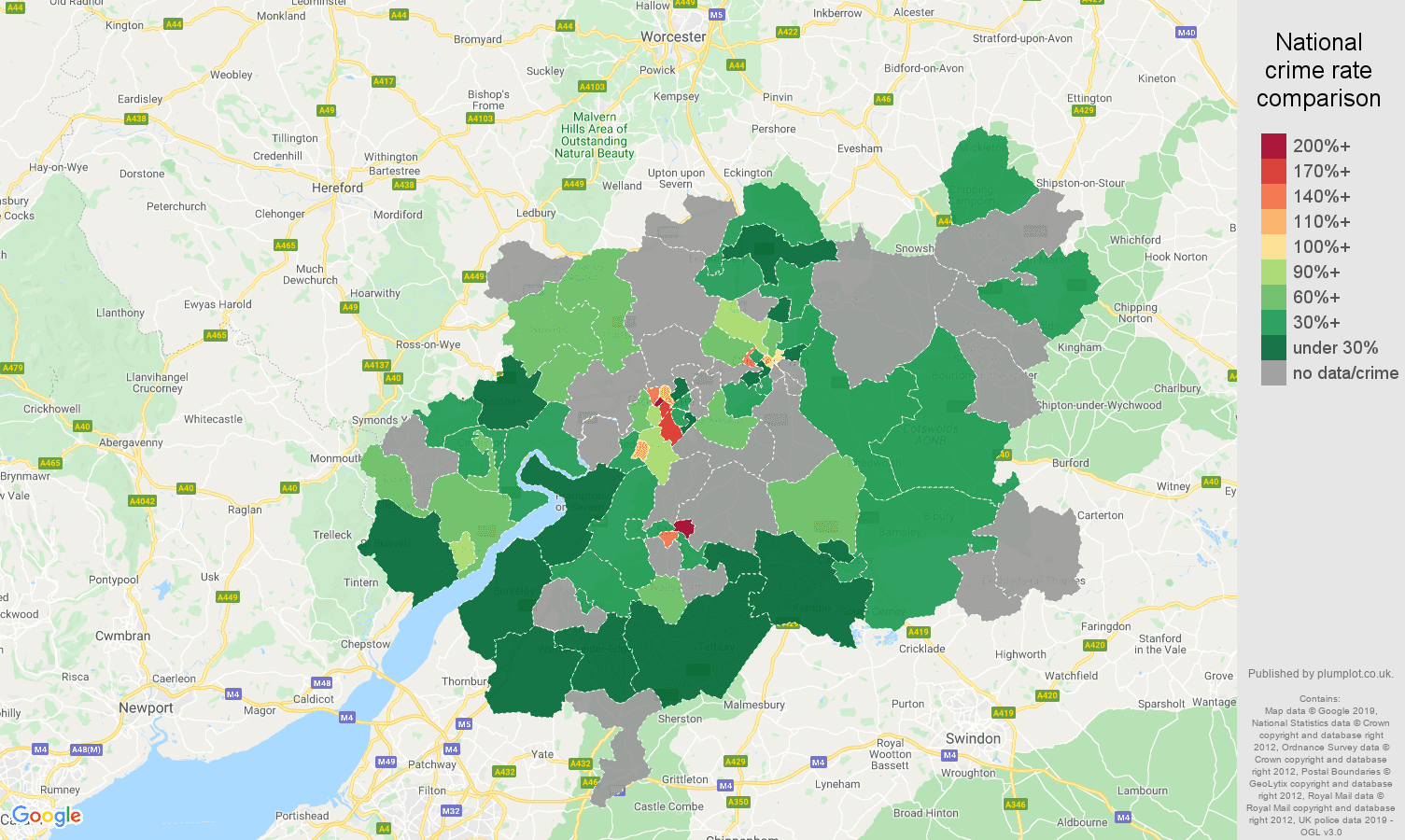 Gloucester possession of weapons crime rate comparison map
