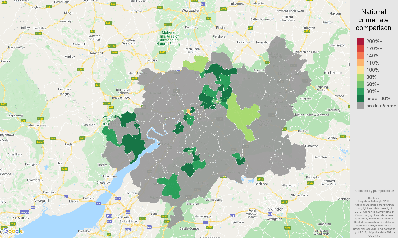 Gloucester theft from the person crime rate comparison map
