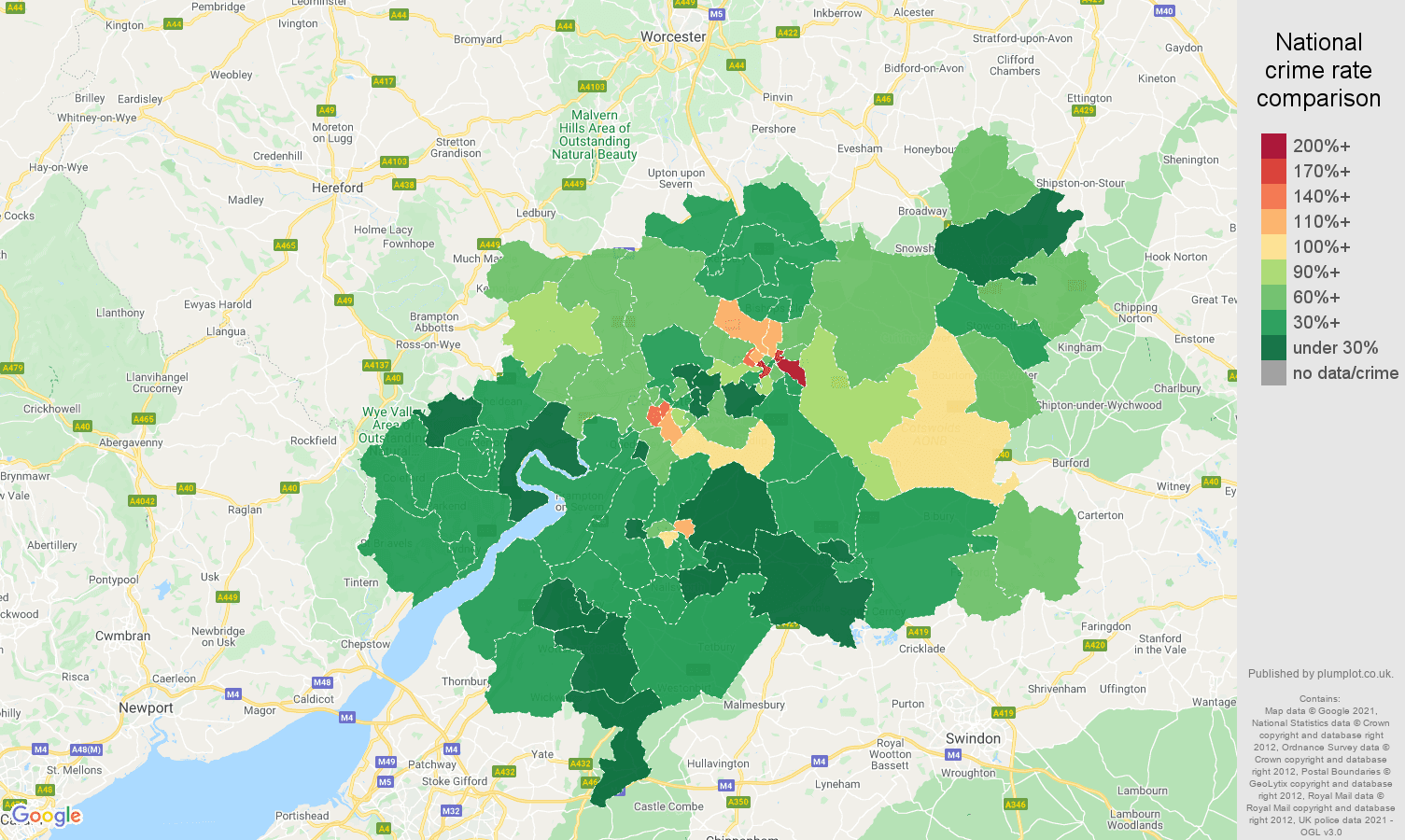 Gloucester vehicle crime rate comparison map