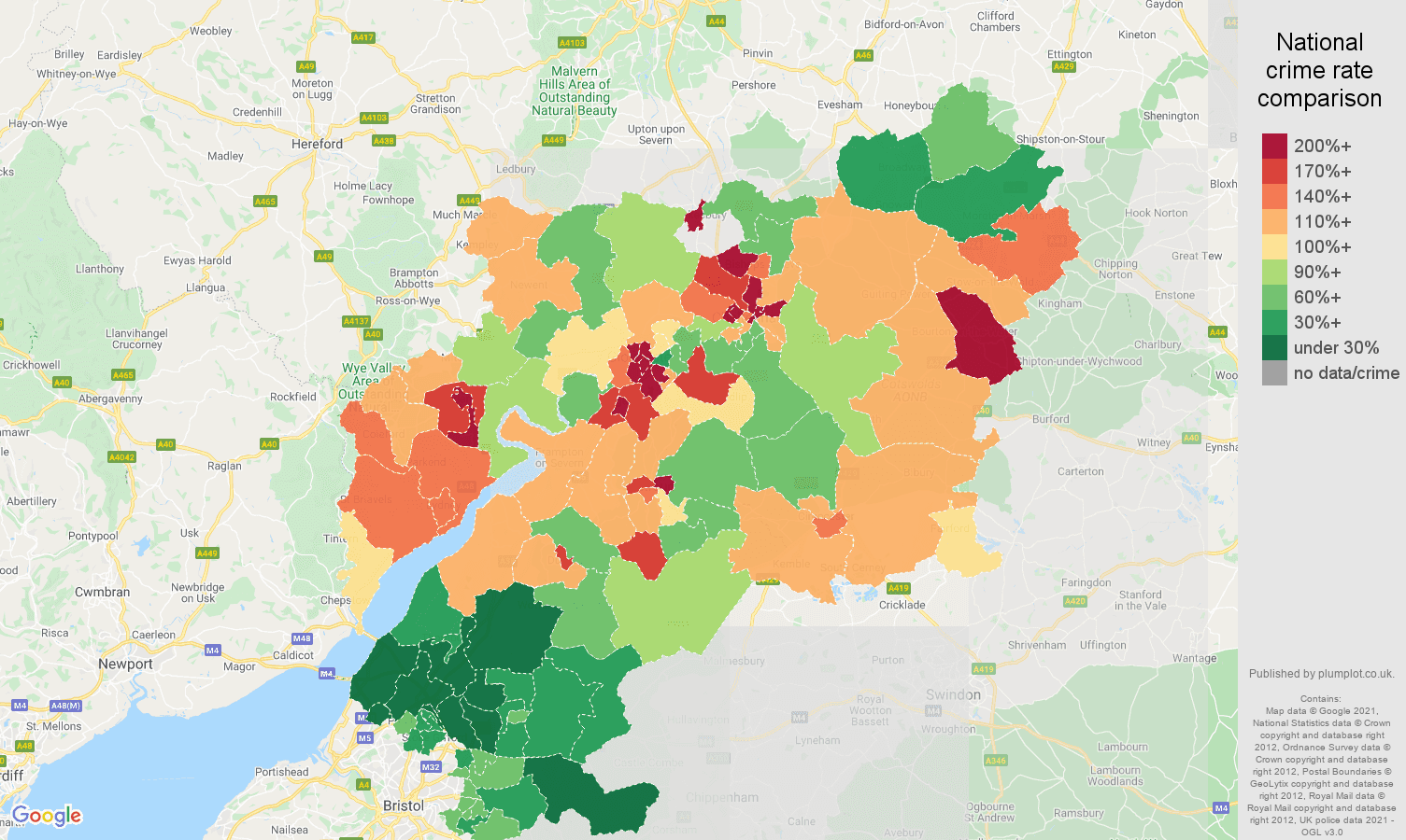 Gloucestershire antisocial behaviour crime rate comparison map