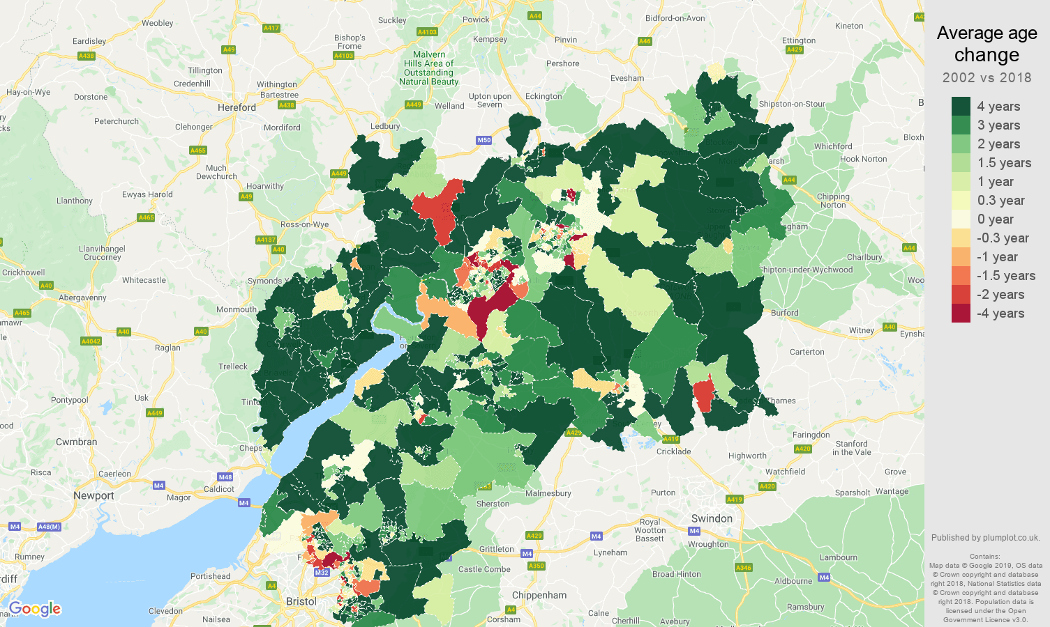 Gloucestershire average age change map