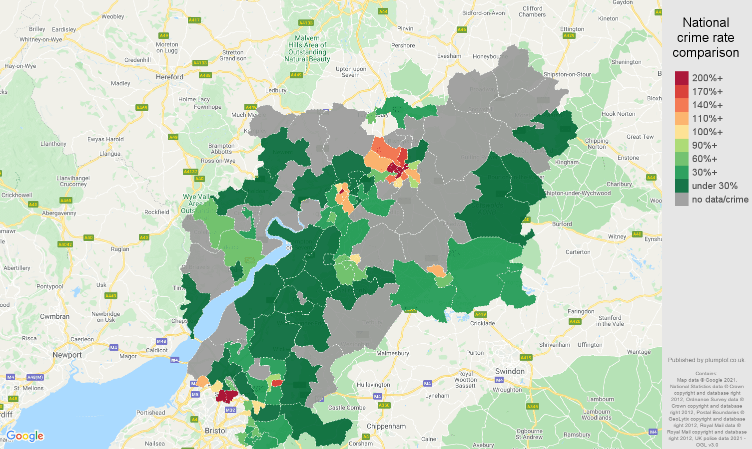 Gloucestershire bicycle theft crime rate comparison map