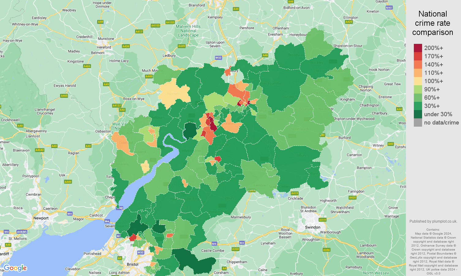 Gloucestershire crime rate comparison map