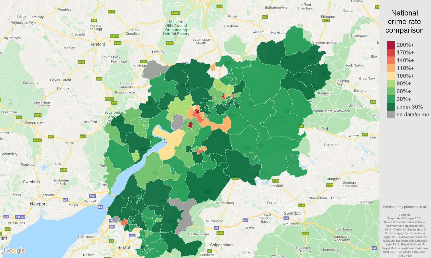 Gloucestershire drugs crime rate comparison map
