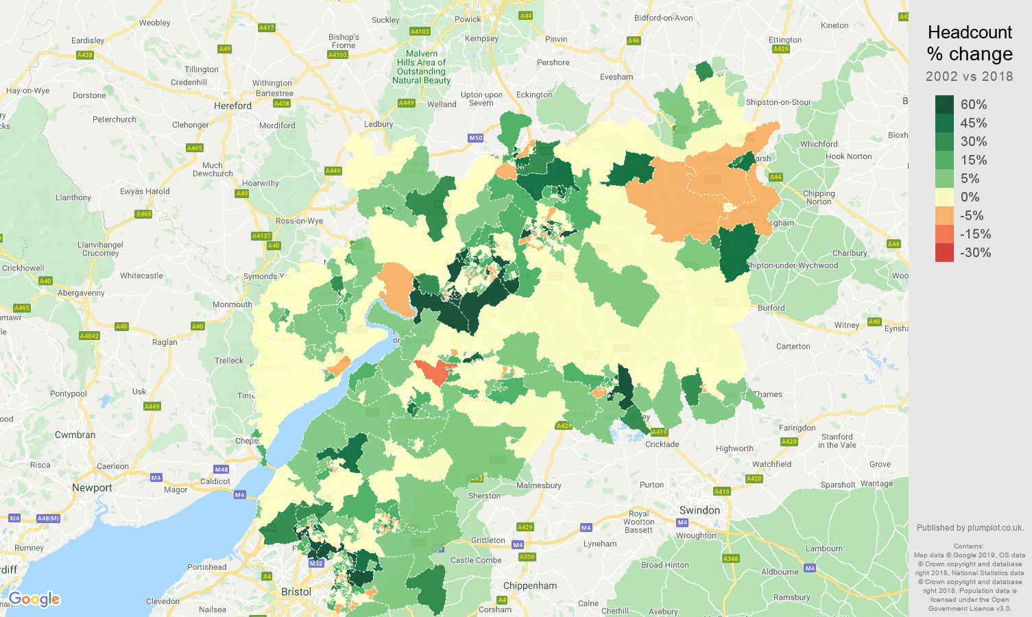 Gloucestershire headcount change map