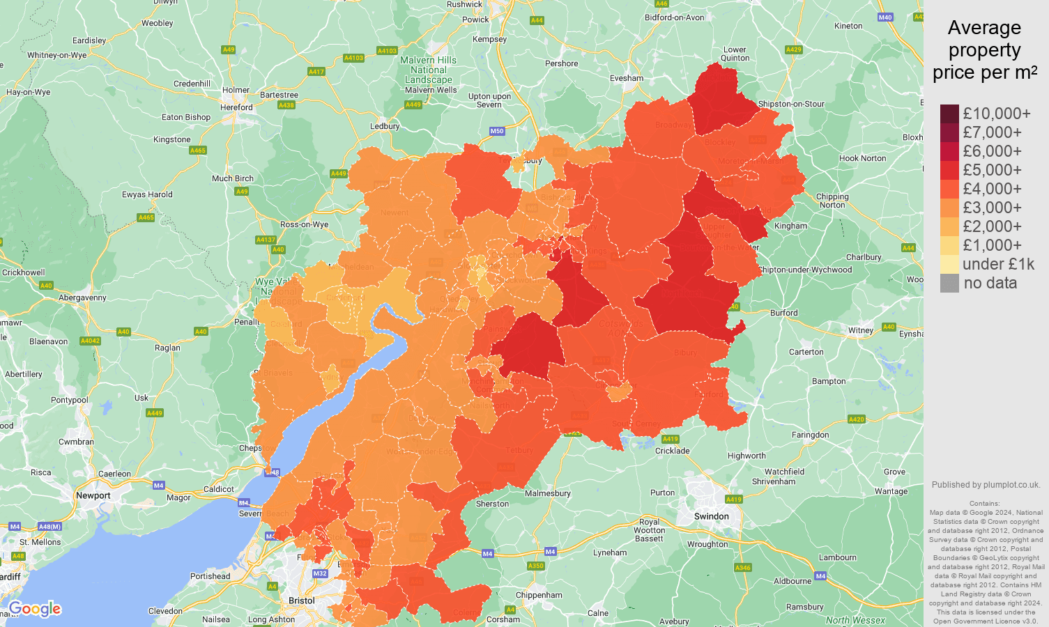 Gloucestershire house prices per square metre map
