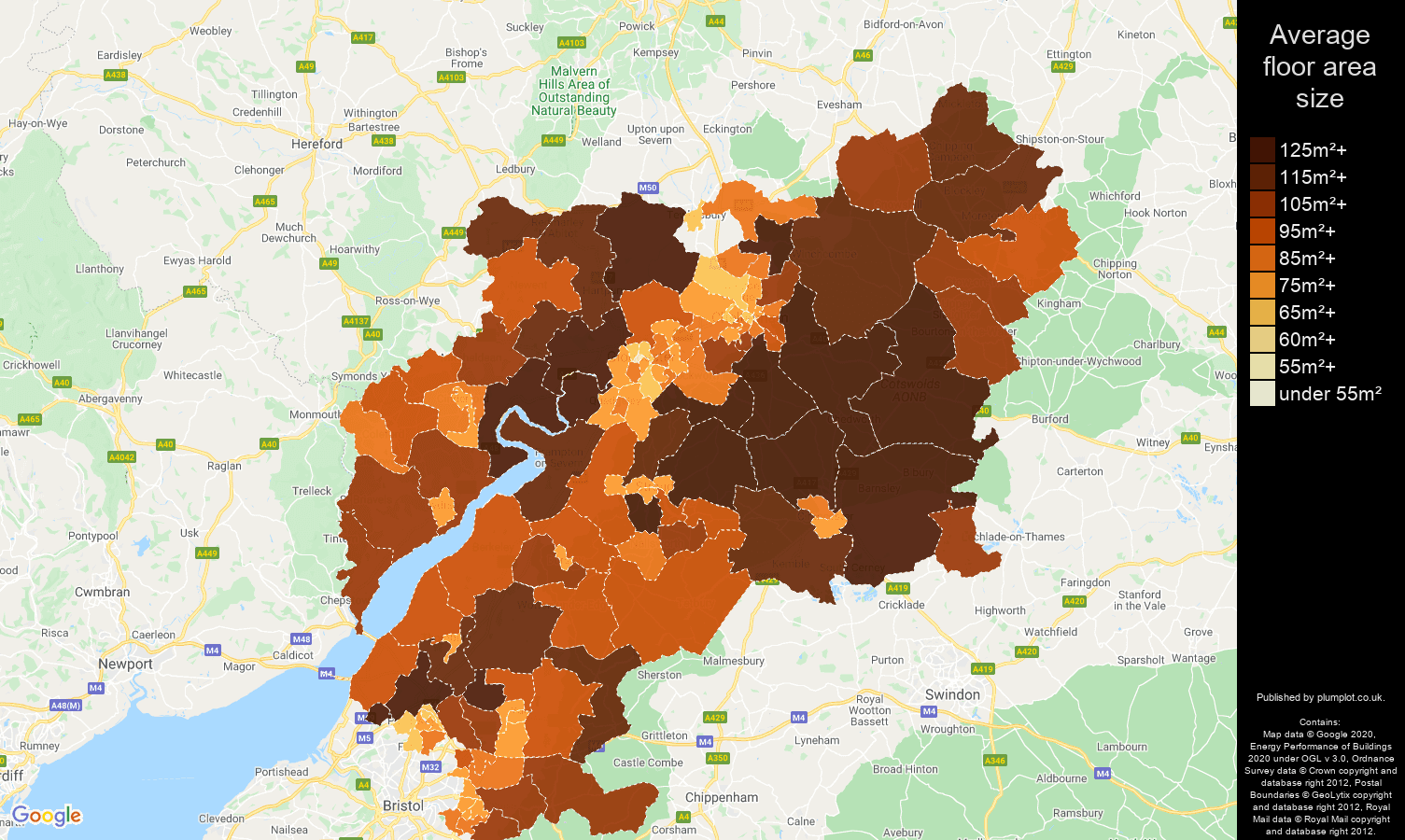 Gloucestershire map of average floor area size of properties