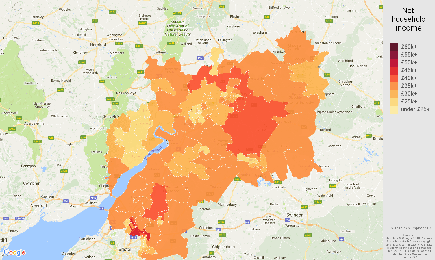 Gloucestershire net household income map