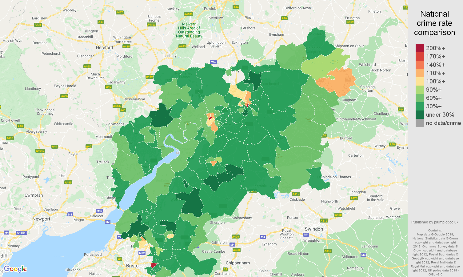 Gloucestershire other theft crime rate comparison map