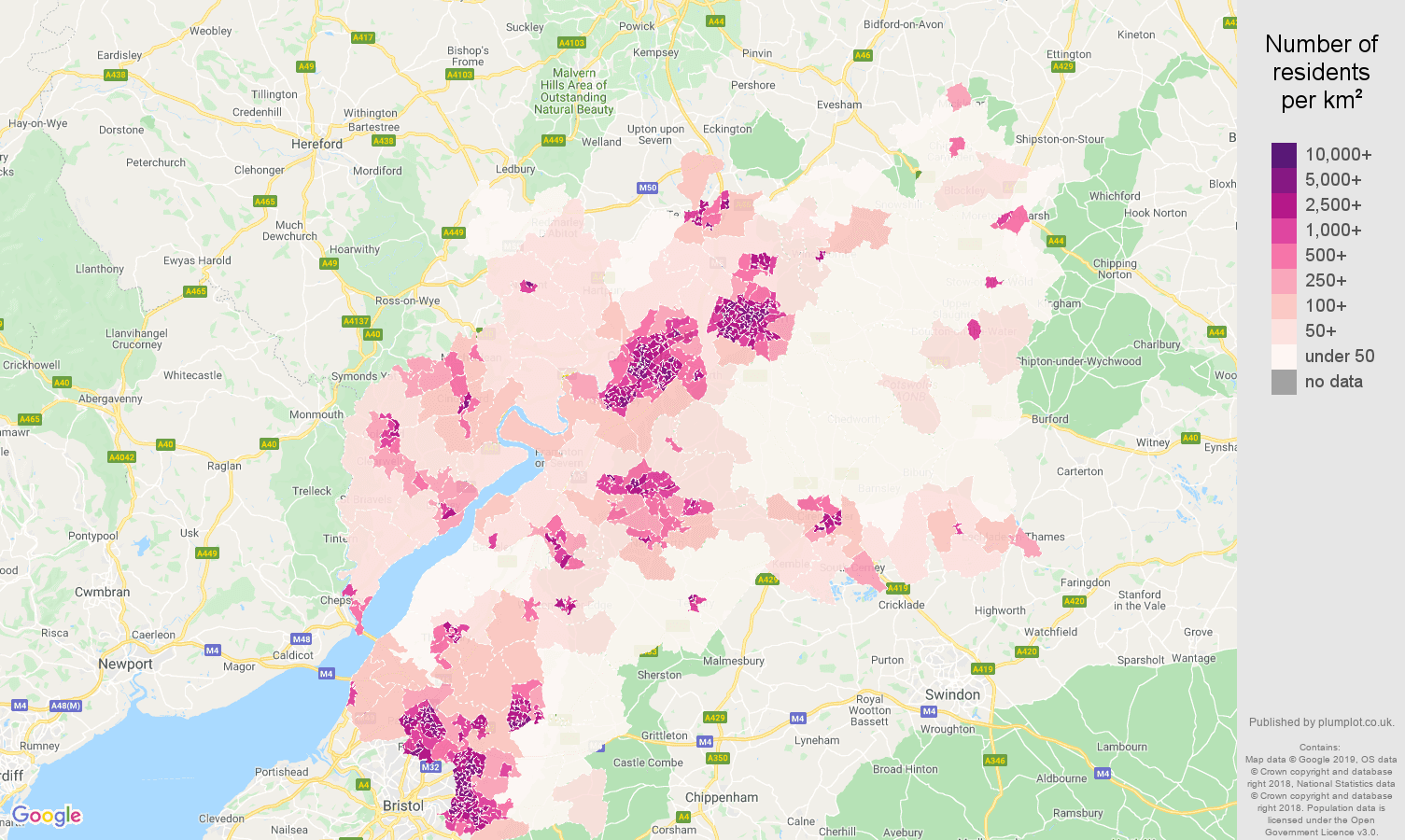 Gloucestershire population density map