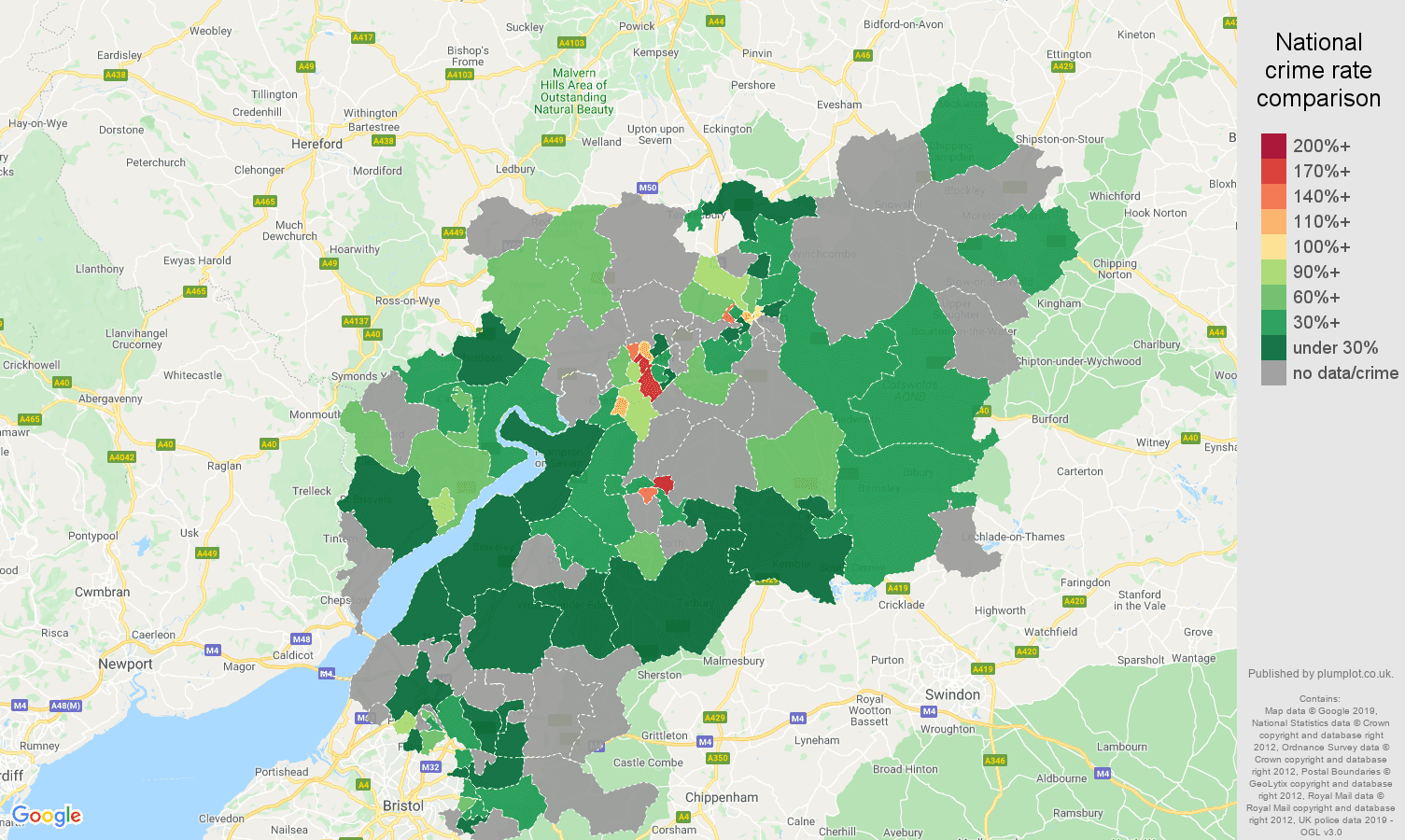 Gloucestershire possession of weapons crime rate comparison map