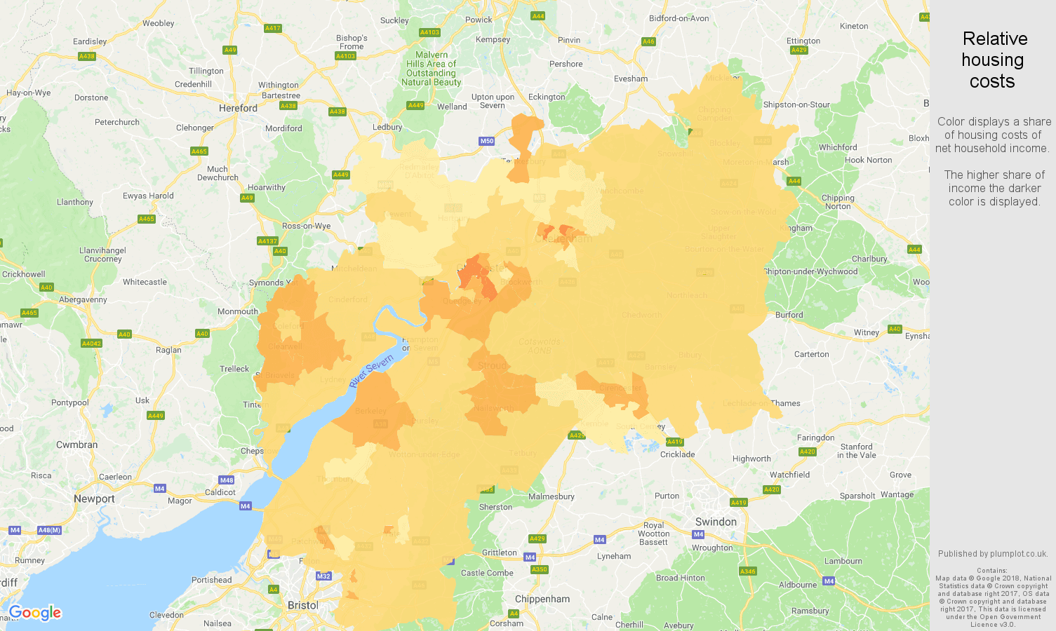 Gloucestershire relative housing costs map