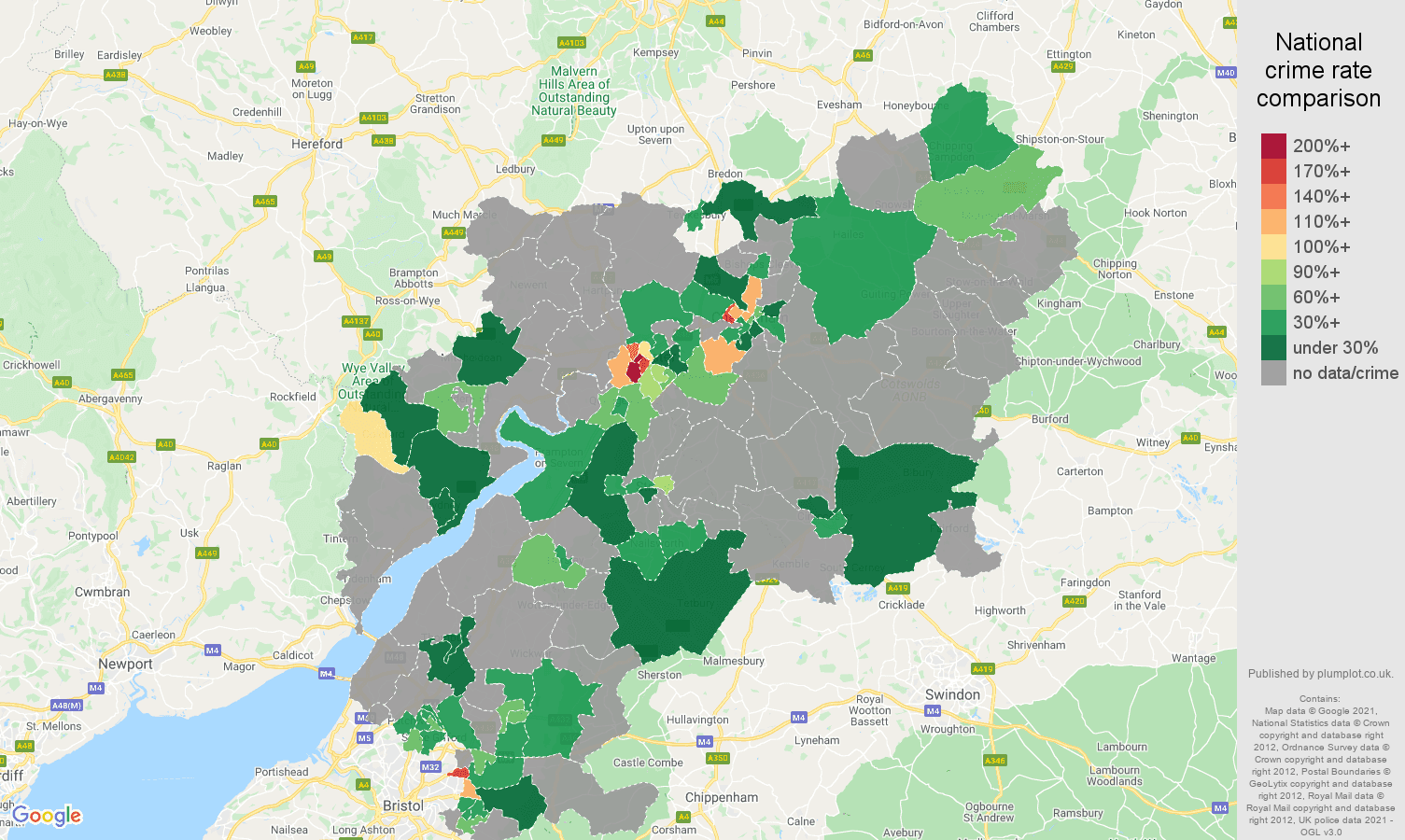 Gloucestershire robbery crime rate comparison map