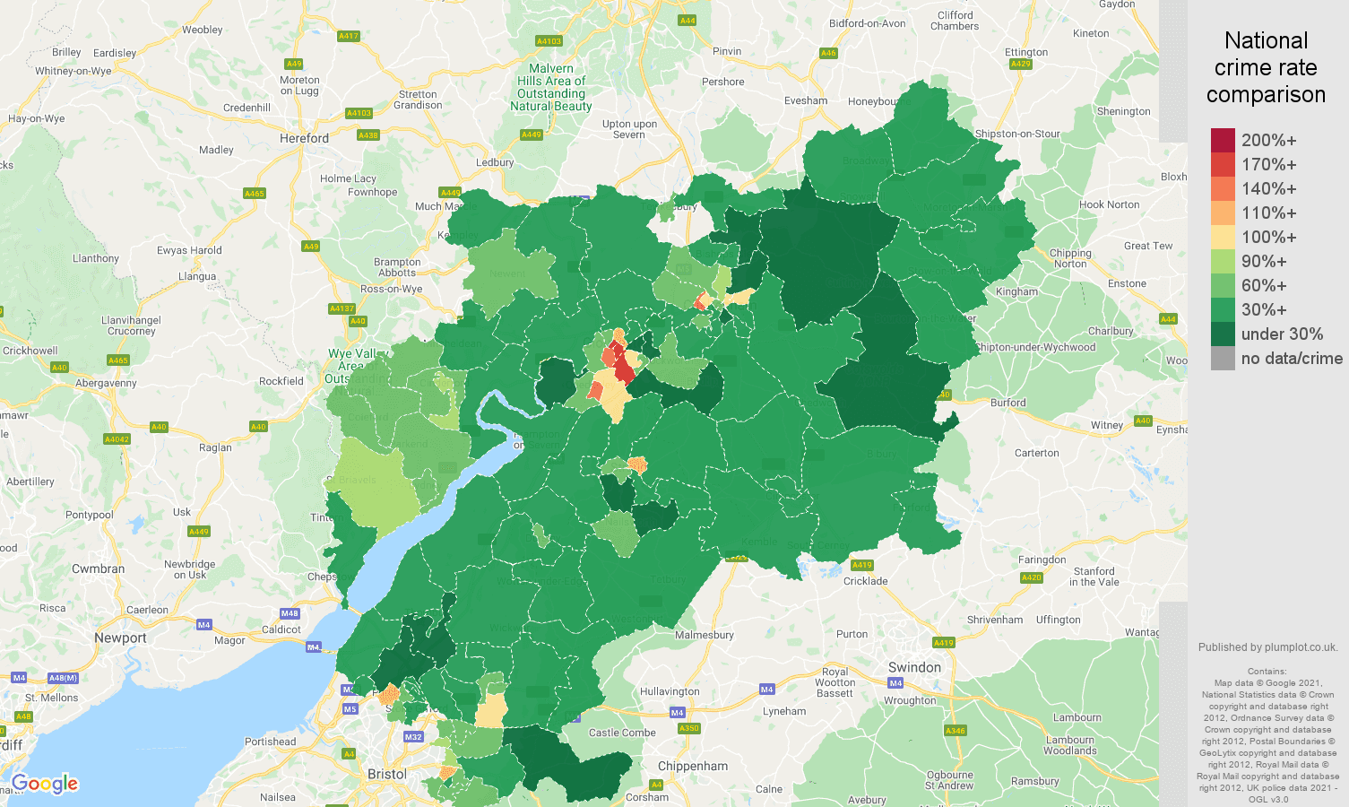 Gloucestershire violent crime rate comparison map