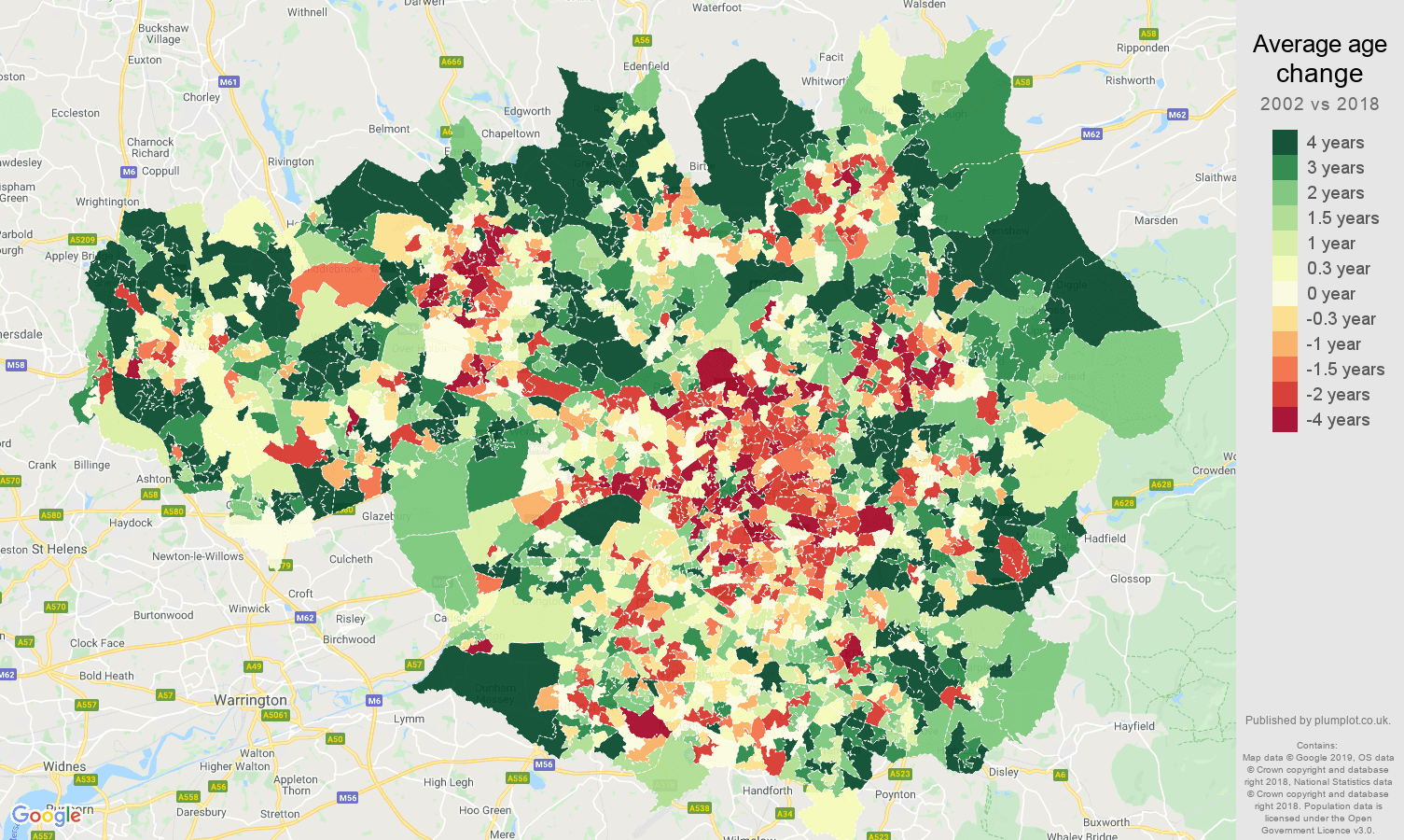 Greater Manchester average age change map