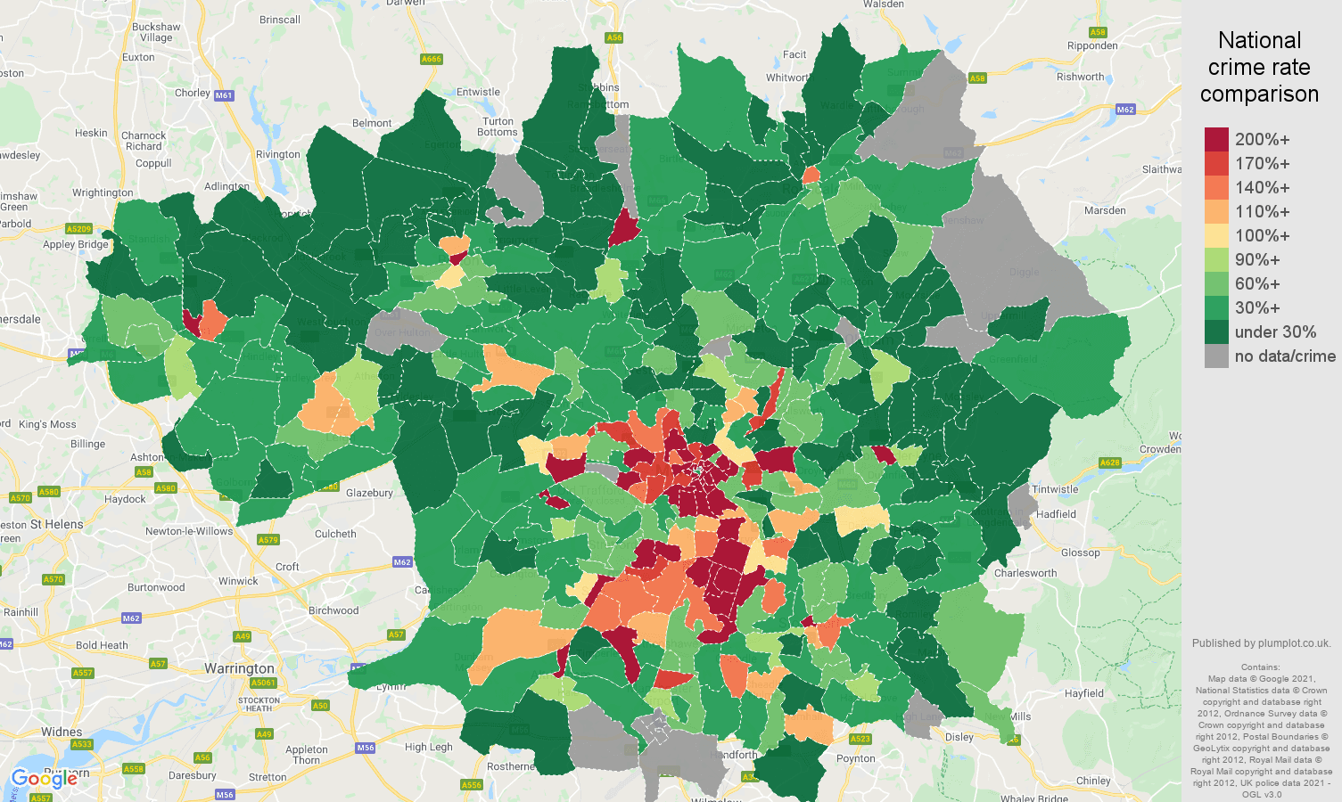 Greater Manchester bicycle theft crime rate comparison map