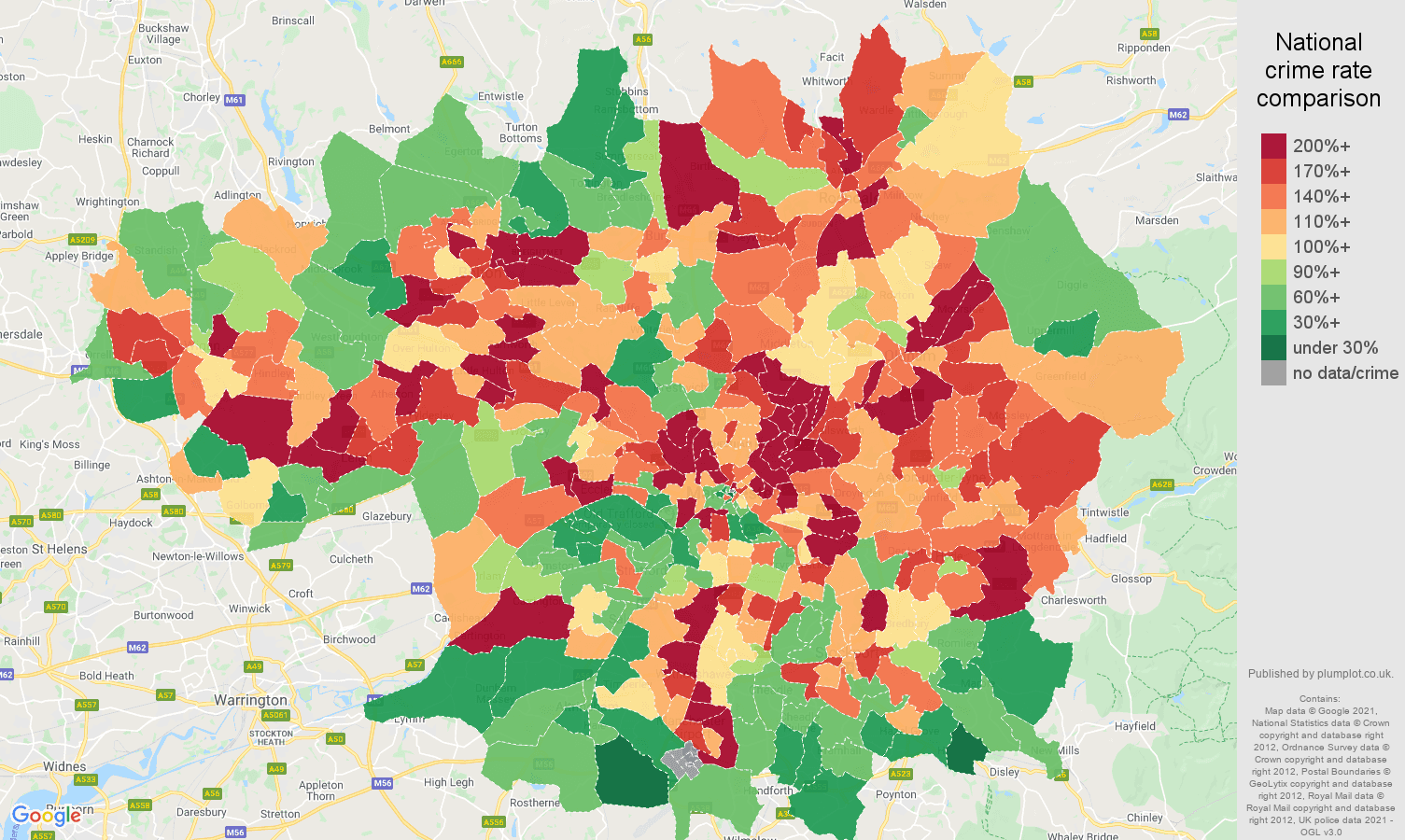 Greater Manchester criminal damage and arson crime rate comparison map