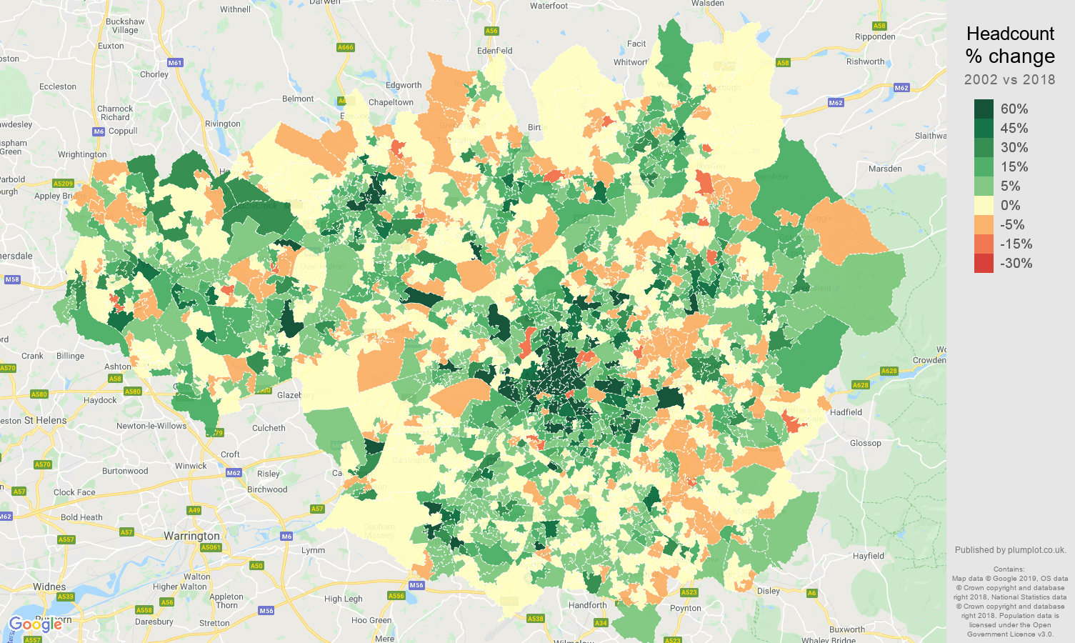 Greater Manchester headcount change map