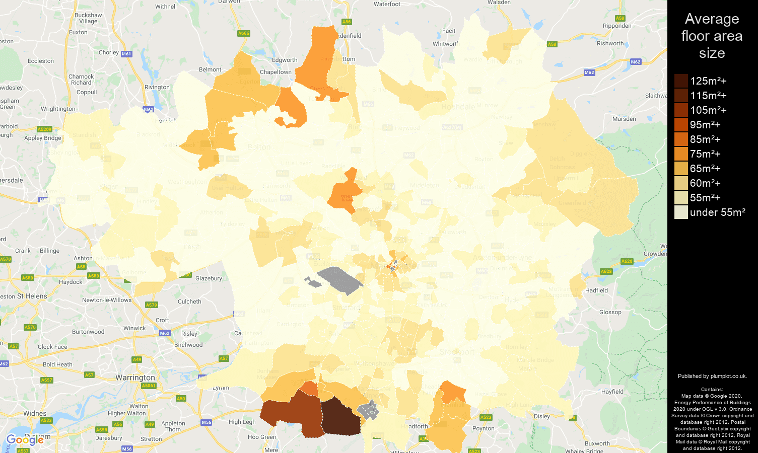 Greater Manchester map of average floor area size of flats