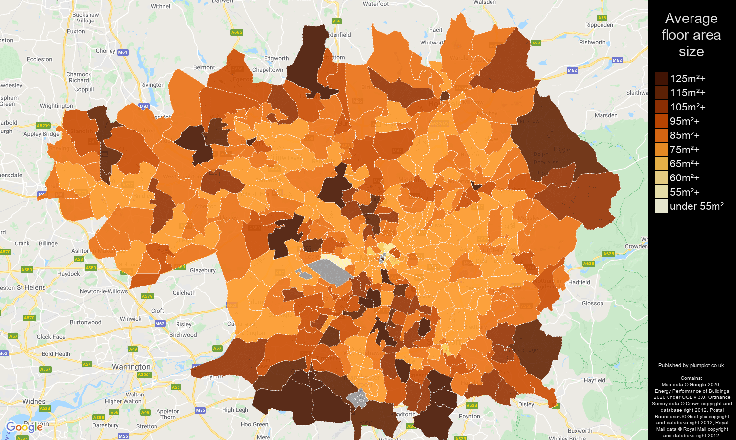 Greater Manchester map of average floor area size of houses