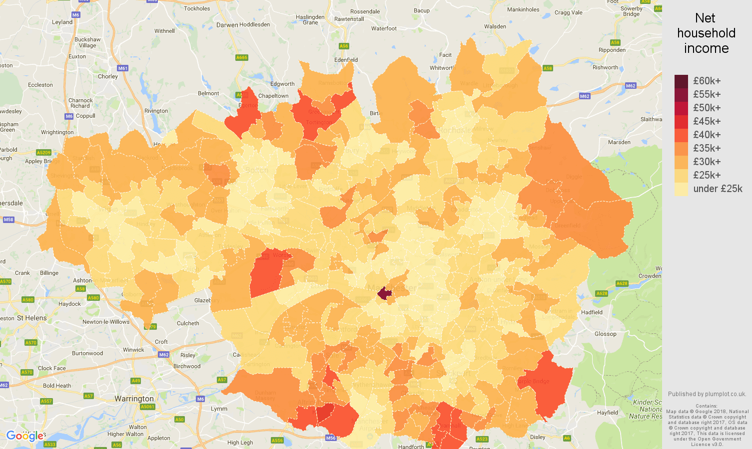 Greater Manchester net household income map