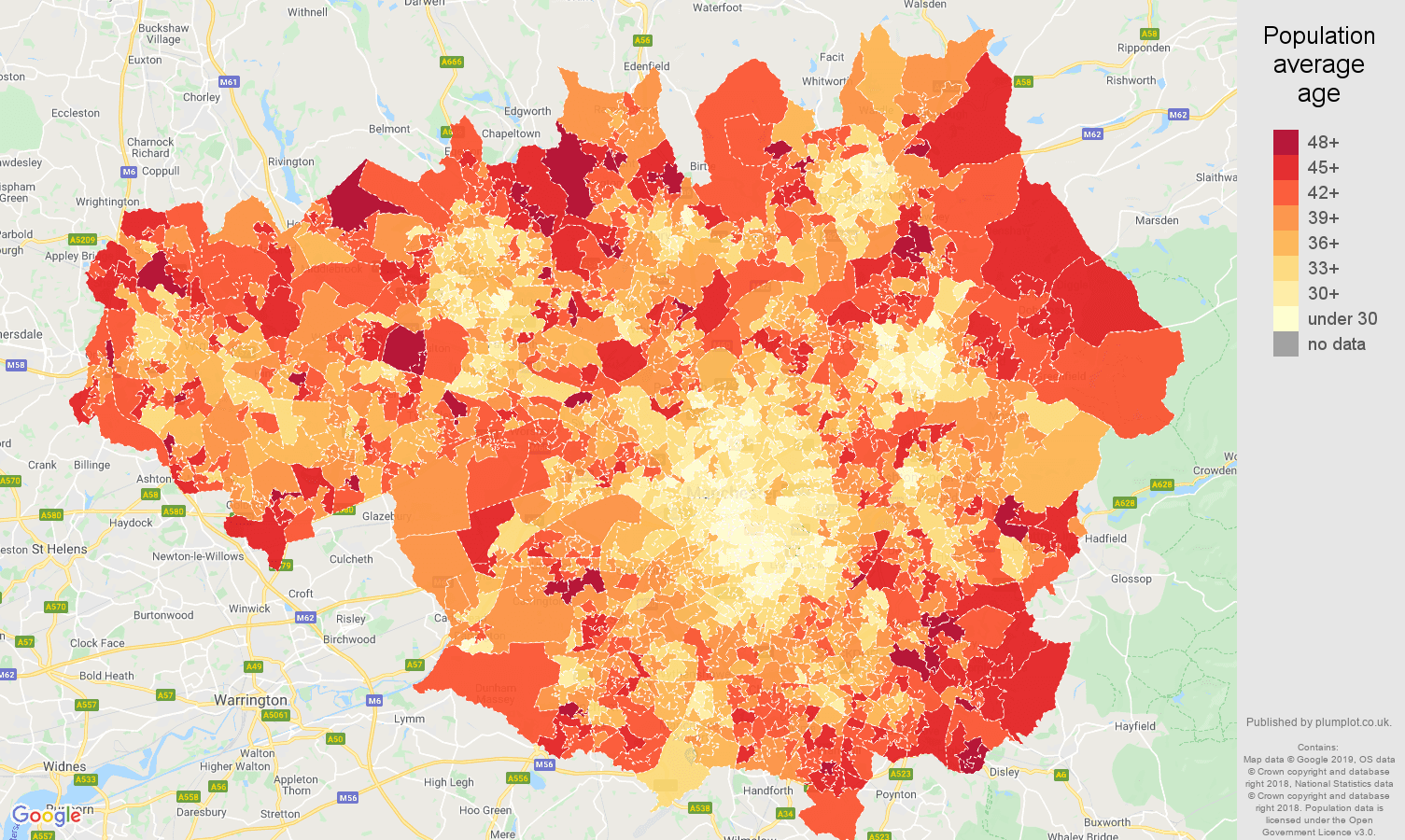 Greater Manchester population average age map
