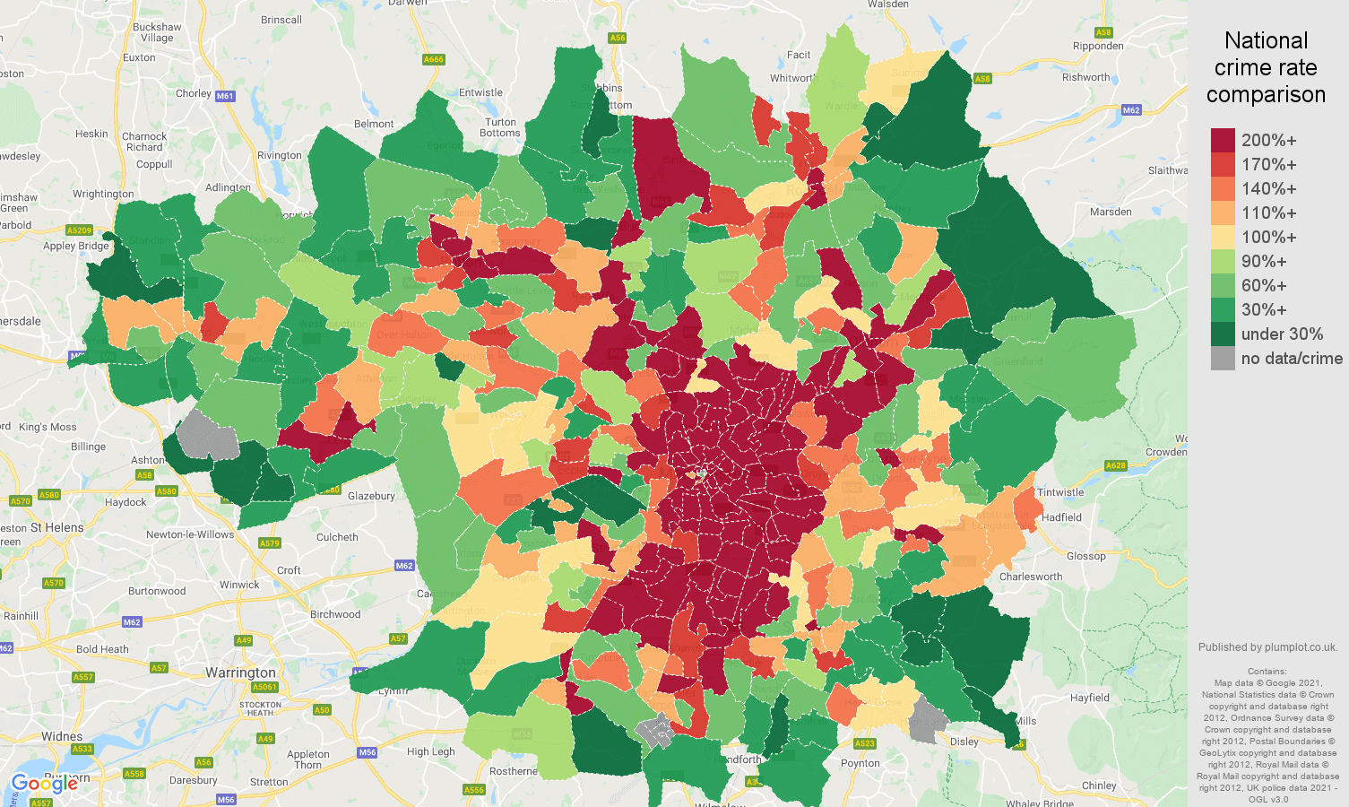 Greater Manchester robbery crime rate comparison map