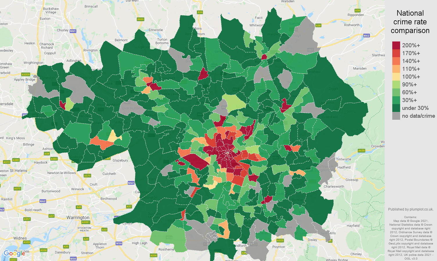 Greater Manchester theft from the person crime rate comparison map