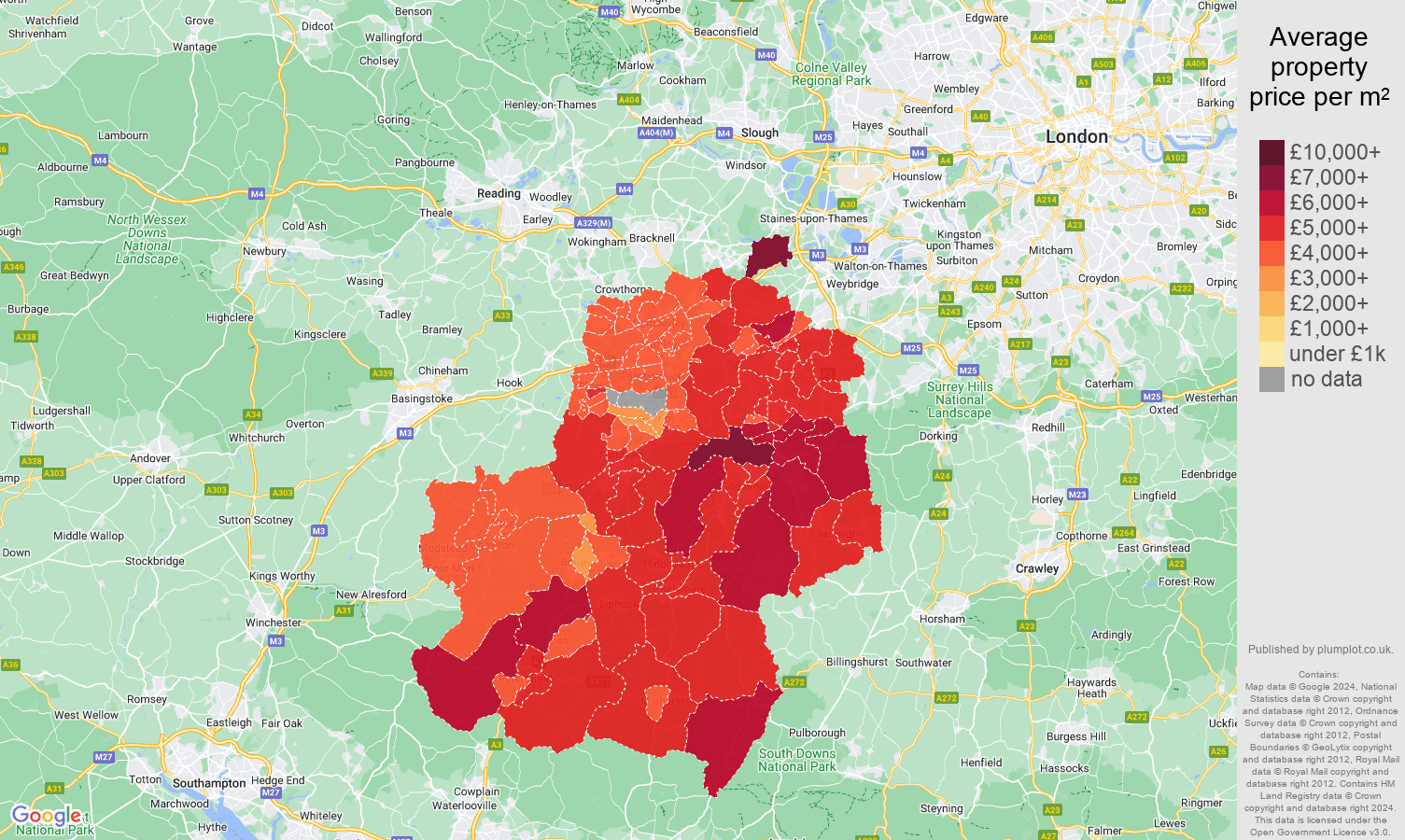Guildford house prices per square metre map