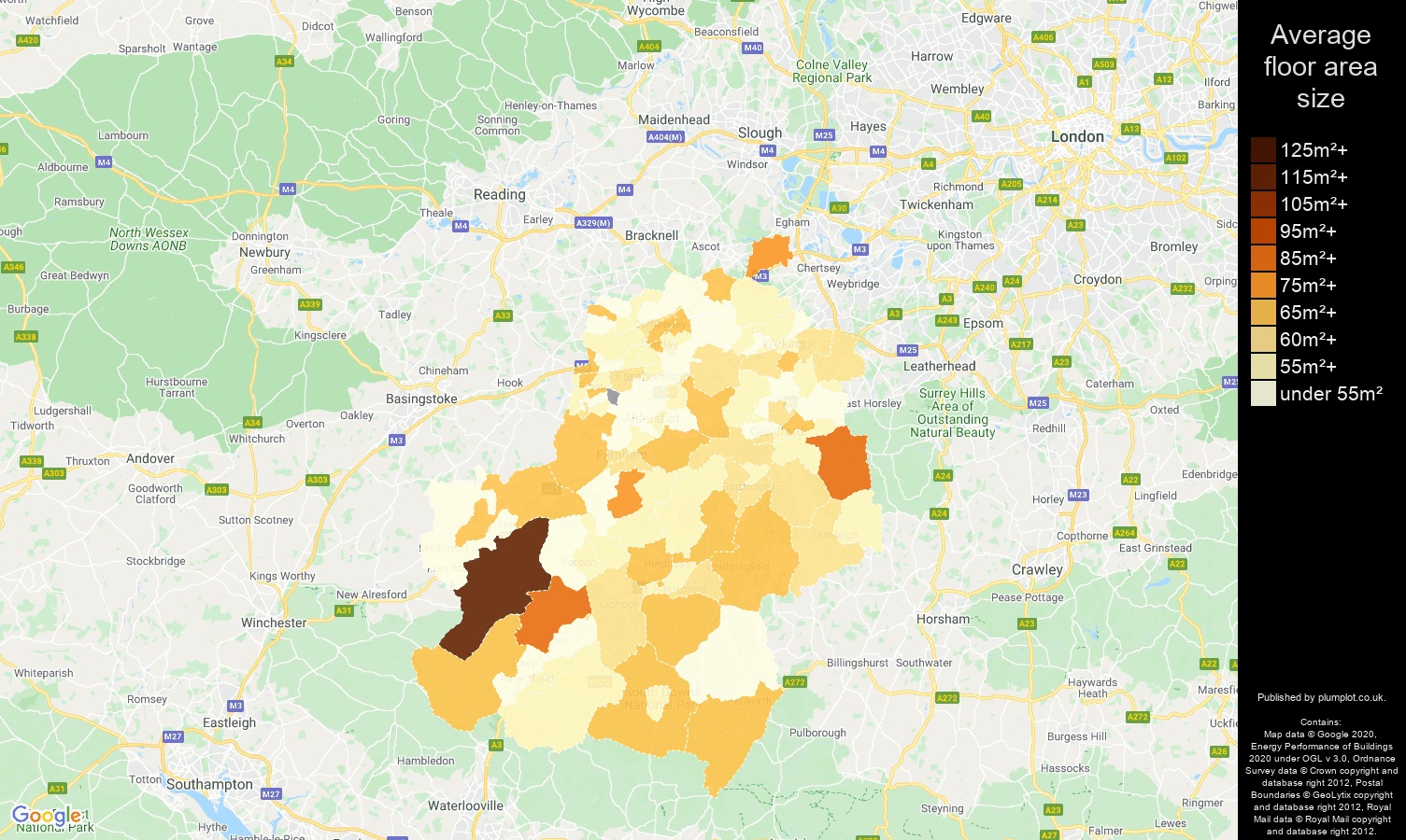 Guildford map of average floor area size of flats