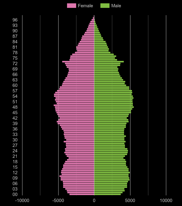 Guildford population pyramid by year