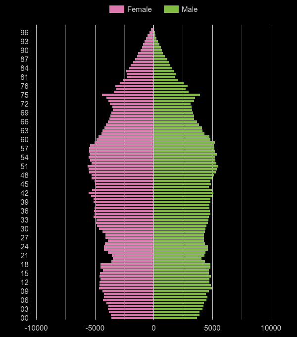 Guildford population pyramid by year