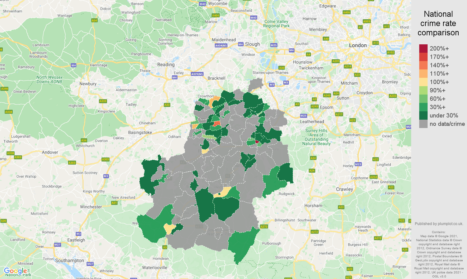 Guildford theft from the person crime rate comparison map