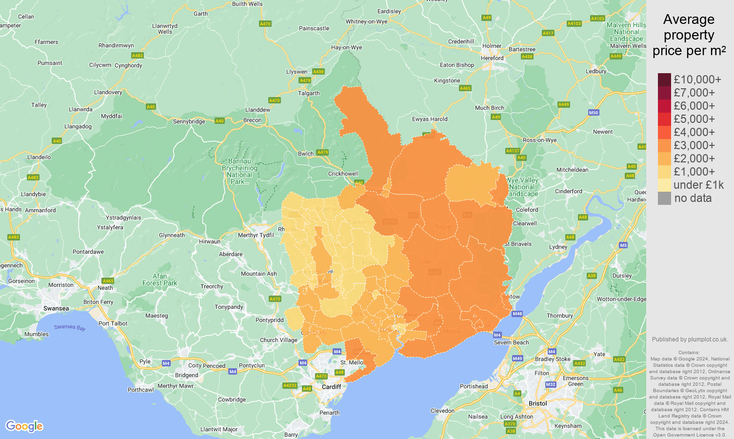 Gwent house prices per square metre map