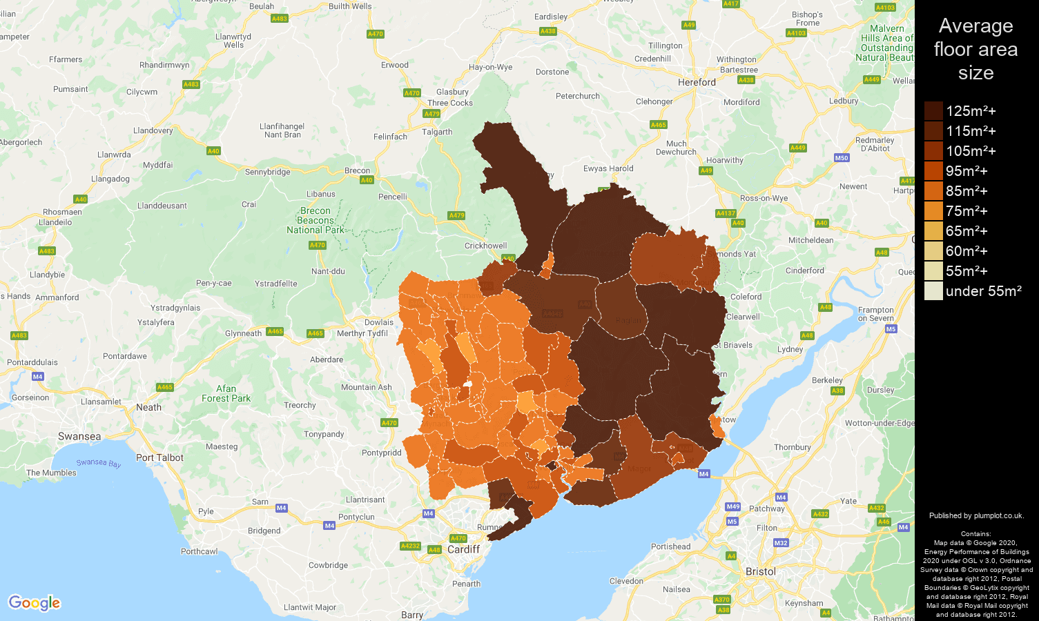 Gwent map of average floor area size of houses
