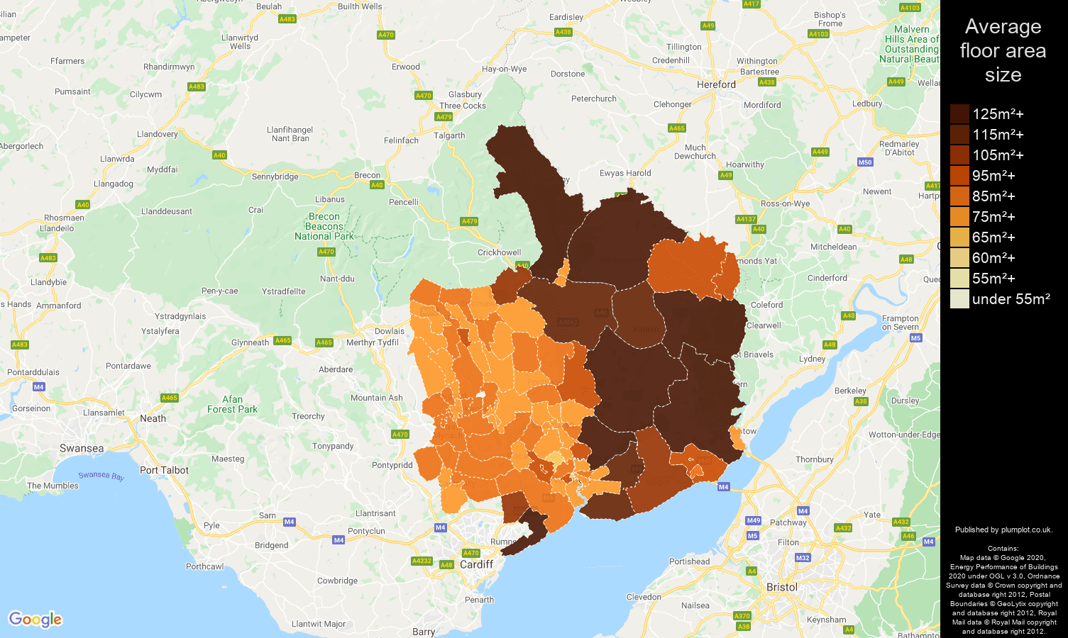 Gwent map of average floor area size of properties
