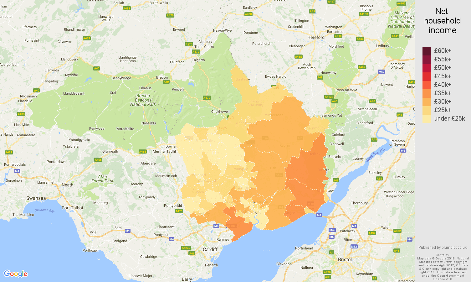 Gwent net household income map