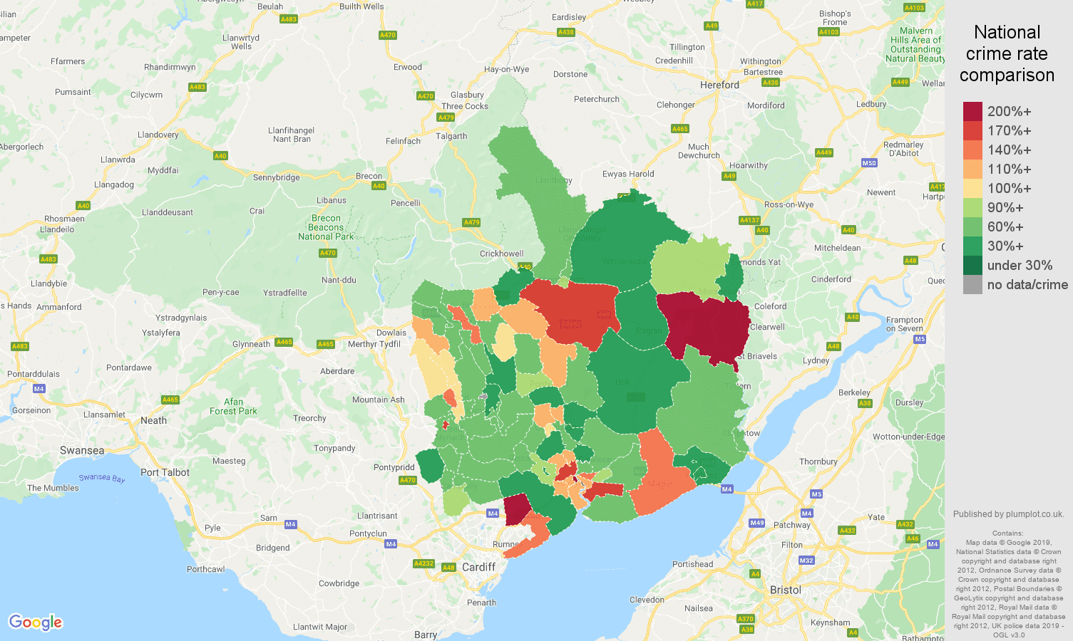 Gwent other theft crime rate comparison map