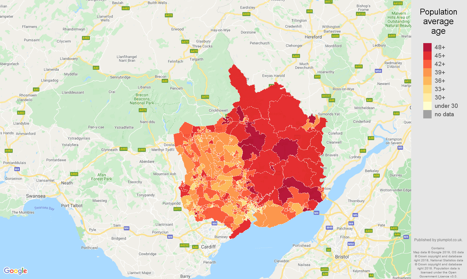 Gwent population average age map